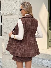 Serisse 女士无袖翻领时尚优雅上衣外套和迷你裙两件套 - 棕色 - 查看 2