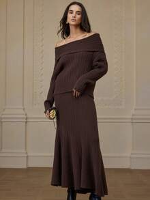 Zanirela Vintage Aesthetic Off Shoulder Textured Loose Knit Sweater Paired With Pleated Flared Maxi Skirt 2-Piece Set - Coffee Brown - View 3