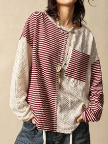 Bohemela 圣诞新年休闲针织条纹拼接纯色面料长袖圆领宽松女式卫衣，冬季