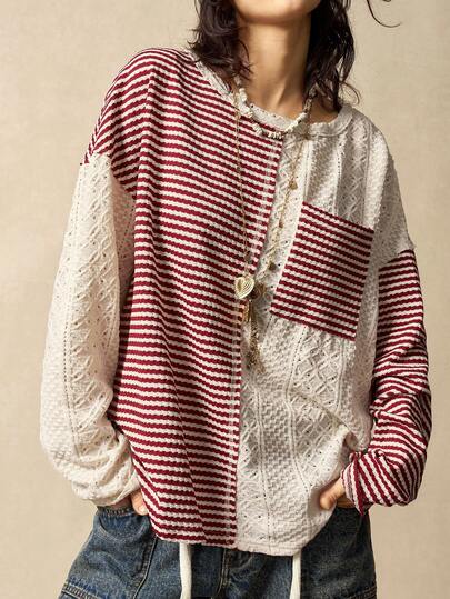 Bohemela 圣诞新年休闲针织条纹拼接纯色面料长袖圆领宽松女式卫衣，冬季