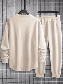 Manfinity Homme Loose Fit Men's Patched Detail Sweatshirt And Drawstring Waist Sweatpants Set Casual Two Piece Set - Beige - View 2