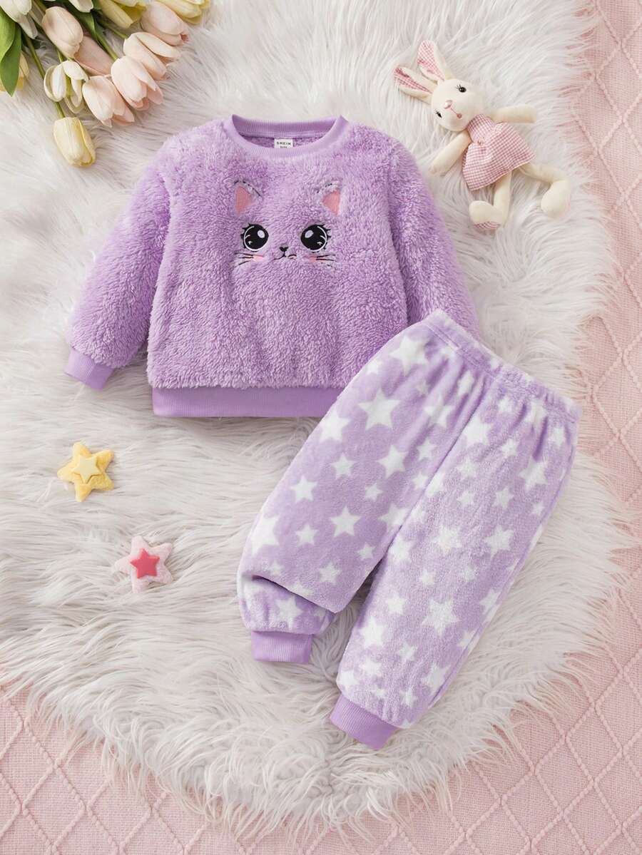 女婴可爱休闲紫色毛绒卡通图案长袖睡衣套装
