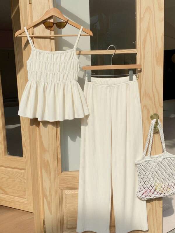 Tween Girl Casual Beach Sweet Cute Textured Cami Top & Wide-Leg Pants 2 Pieces Island Outfit, Vacation Clothes, Suitable For Daily Commute, Holiday, Sisters Street Shooting, Spring/Summer