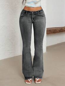 SHEIN Unity Plus Size Y2K Streetwear Embroidered Flare Jeans - Dark Grey - View 3