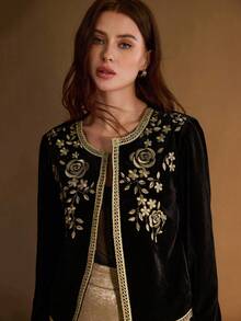 MOTF PREMIUM BLACK VELVET EMBROIDERED FLORAL PATCHWORK JACKET - Black - View 4