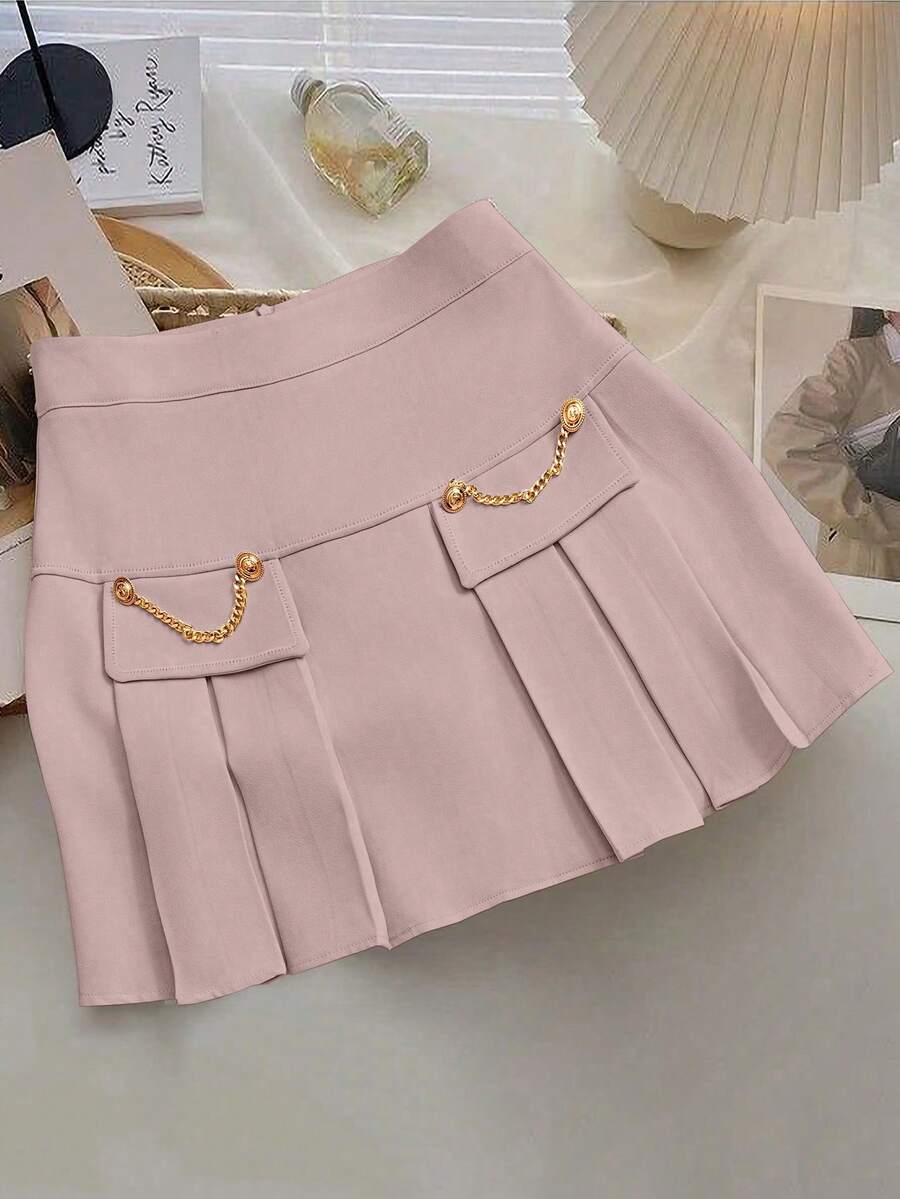SHEIN Clasi 优雅纯色褶皱链条装饰裙 - 粉色 - 查看 1