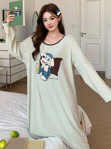 DAZY Autumn/Winter Brushed Cartoon Dog Pattern Loose Fit Long T-Shirt Style Women Sleep Dress, Moo Moo Night Dress - Green - View 5
