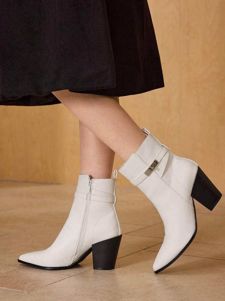 WOMEN'S FASHION POINTED TOE CHUNKY HEEL ANKLE BOOTS