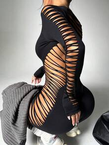 Slayform 女士时尚性感纯色镂空紧身健身连体裤 - 黑色 - 查看 6