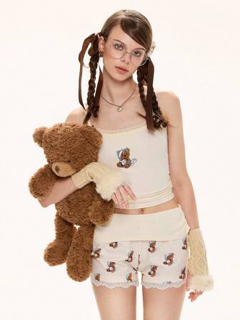 Kawaii 2 pezzi/set Pantaloncini mini aderenti da donna con stampa di orsetti carini, pizzo e fiocco