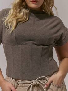 MUSERA Plus Cap Sleeve Snatched Underbust Corset Top Classy Casual Sexy Going Out Toffee ,Elegant Spring Summer Holiday - Brown - View 2