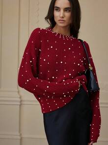 BELROSIE Beaded Lantern Sleeve Pullover Sweater - Red - View 4
