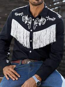 Manfinity Nomadique Men's Fashionable Western Style Fringe Decorated Shirt, Long Sleeve Top