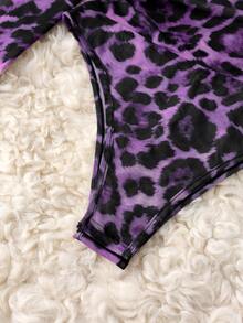 Franclia Damen Mode Leoparden-Muster Mesh transparente Schulter Langarm Bodysuit - Violett - Übersicht 5