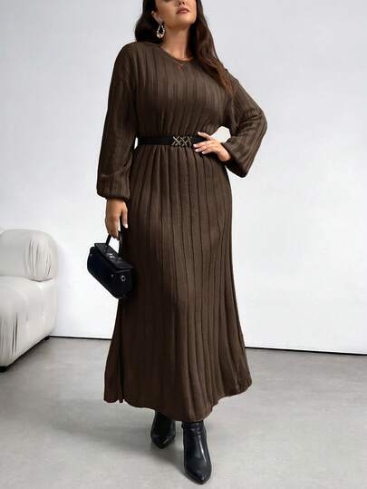 Firerie Vestido de suéter de punto de cuello redondo de talla grande para mujer, cómodo, versátil, adecuado para usar como capa o prenda exterior, uso diario casual, otoño/invierno