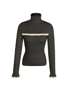SHEIN LUNE Sweater Rajut Lengan Panjang Wanita Model Turtleneck dengan Kancing dan Rumbai, Dilengkapi Pita dan Lapisan Termal yang Pas di Badan - Dark Grey - View 3