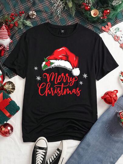 Manfinity Joysei 时尚休闲圣诞圣诞老人帽和字母印花情侣款黑色圆领男士 T 恤