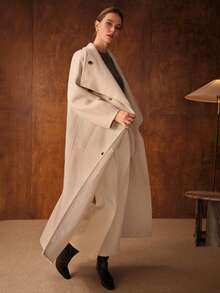 MOTF PREMIUM 羊毛瀑布领双排扣长款大衣，秋冬 - 米色 - 查看 7