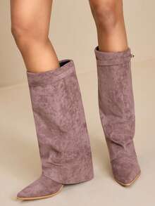 Daringsoles 女式尖头粗跟绒面西部流苏靴，修身高筒靴 - 淡紫色 - 查看 3