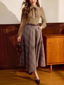 Vintamour 复古优雅女士衬衫，撞色滚边，蝴蝶结荷叶边下摆，纽扣设计，休闲百搭，适合工作、度假、秋季、冬季、圣诞节等各种场合。优雅女士衬衫 - 棕色 - 查看 4