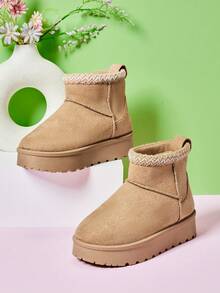 Mini mi 儿童编织领布面绒面革沙色厚底踝靴——冬季漫步的舒适时尚之选 - 米色 - 查看 6