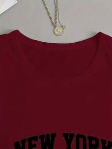 Playera camiseta gráfica dama mujer manga larga cuello redondo básica cómoda fresca ligera moderna juvenil casual urbana suave frío estampado New York NY nueva york USA estados unidos américa ciudades letras - Burdeos - Ver 2