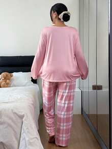 Slumberry CURVE Bộ đồ ngủ tay dài họa tiết kẻ caro hình trái tim cỡ lớn dành cho nữ, trang phục mùa thu đông - Nhiều màu - Xem 2