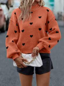 SHEIN LUNE Suéter de hombros caídos con estampado de corazón, informal para otoño/invierno - Rojo - Ver 6