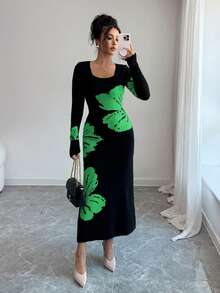 Elenzga Square Neck Jacquard Knit Bodycon Waist Sweater Dress - Green - View 4