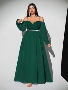 Viva Relle Váy dự tiệc nhẹ nhàng, sang trọng, lãng mạn, thanh lịch cỡ lớn dành cho nữ, hở vai, không tay, eo bó, ruy băng bóng, tay dài bằng vải voan, váy maxi dài thướt tha, phù hợp cho mùa xuân, thu và đông - Màu xanh lá cây đậm - Xem 5