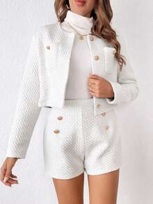 SHEIN Frenchy 女士纯色前扣口袋长袖外套和短裤优雅两件套 - 白色 - 查看 3