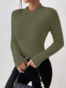 SHEIN Frenchy Mock Neck Ribbed Knit Textured Fabric Tee Winter,Fall,Fall Clothes For Women Green Christmas Casual Spring - Army Green - View 4