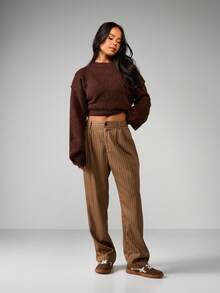 MISSGUIDED Quần ống rộng kẻ sọc cạp cao, xếp ly, phong cách cổ điển, thường ngày cho công sở, mùa thu đông - màu nâu - Xem 3