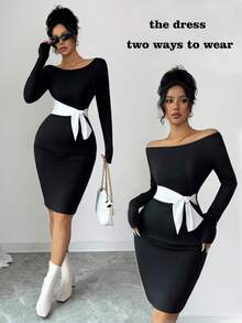 Rafferiza Váy midi trễ vai phối màu thanh lịch và tinh tế dành cho nữ, phong cách cao cấp, Thu/Đông - Đen và trắng - Xem 3