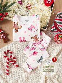 Mädchen Weihnachts-Hirsch, Weihnachtsbaum, Weihnachtsgeschenk, Weihnachtsschleife, Lebkuchen-Element Crew Neck Langarm Hose Pyjama Set, geeignet für Weihnachtsferien Zuhause - Verschiedenfarbig - Übersicht 3