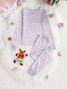 女童贴身圣诞睡衣套装，轻薄保暖贴身睡衣，适合青少年，紫色驯鹿和圣诞树印花休闲简约圆领长袖上衣和裤子，亲子装 - 紫色 - 查看 2