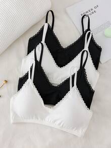 4件套少女基础撞色简约纯色吊带文胸，带可拆卸胸垫，棉质蕾丝V领文胸