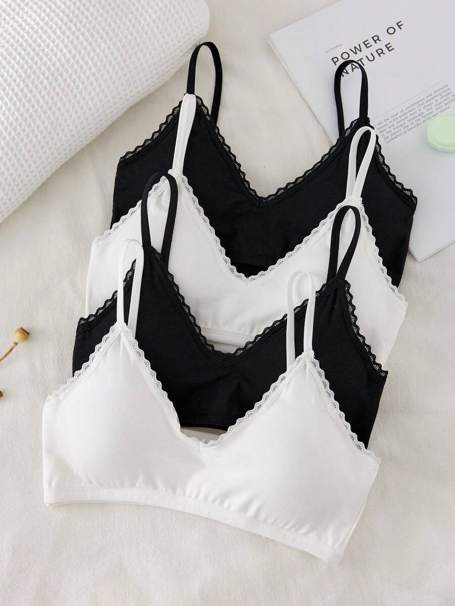 4件套少女基础撞色简约纯色吊带文胸，带可拆卸胸垫，棉质蕾丝V领文胸