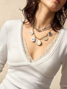 Bohemela Áo thun nữ tay dài cổ chữ V phối ren màu trơn đơn giản - trắng - Xem 3