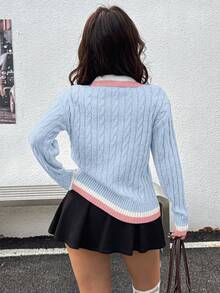 Ritzy Row Women's Embroidered Contrast Color Sweater, Autumn/Winter - Blue - View 2