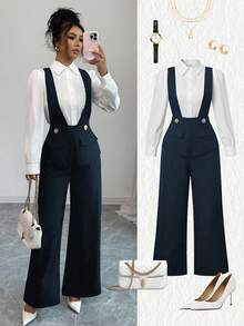 Selianne Ținută elegantă de profesoară pentru femei, din material gros, cu decolteu adânc în V, de culoare neagră, potrivită pentru Ziua Independenței, Cyber Monday, Halloween, Festivalul de cumpărături din 11 noiembrie, petrecerea de întoarcere la școală, petrecerea pentru celibatari, sărbători, Ajunul Crăciunului, Crăciun, Ziua Recunoștinței, Diwali, călătorii, la locul de muncă, salopetă de toamnă - Albastru marin - Vizualizare 7