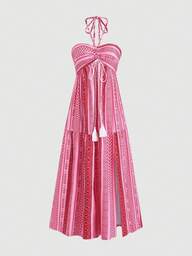 Sweetra Petite Vestido Boho de Verão Romântico e Estampado com Trigo para Mulheres Pequenas, com Fenda Alta, Doce na cor Dopamina