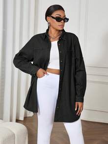 SHEIN Lady 蓝色大码牛仔连衣裙，休闲宽松长袖衬衫裙，舒适休闲 - 黑色 - 查看 3