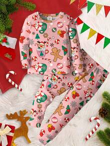 SHEIN Tween Girl Christmas Element Graphic Snug Fit Casual Comfortable Round Neck Long Sleeve Pajama Top And Pants Set