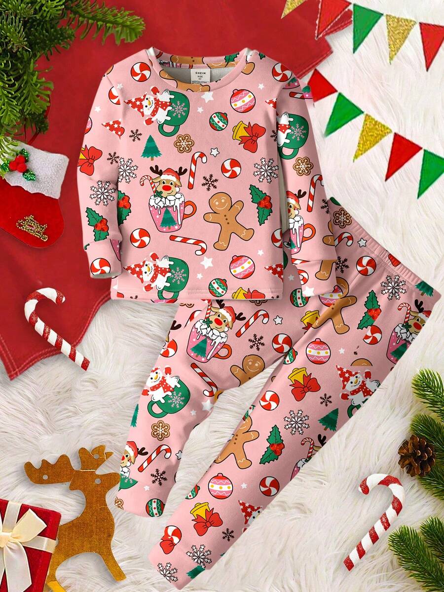 SHEIN Tween Girl Christmas Element Graphic Snug Fit Casual Comfortable Round Neck Long Sleeve Pajama Top And Pants Set