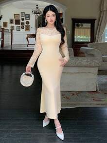 DAZY Vestido de media longitud con forro térmico, encaje y parches, estilo de cola de pez para mujer en otoño - Beis - Ver 7