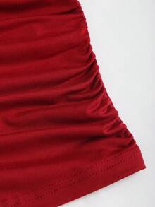 Sweetra 复古美式设计不对称肩部 T 恤，修身修身女式 T 恤，全新秋季系列 - 紅色 - 查看 3