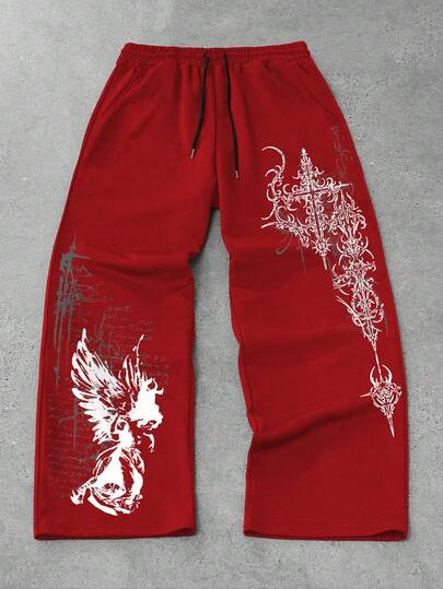 Goth Men's Loose Fit Cross Casual Straight Leg Sweatpants With Dark Floral Pattern, Comfortable For Sports