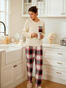 Lazeform Women's Flannel Plaid Top & Pants Fluffy Pajama Set, Cozy Winter Clothes - Apricot - View 6