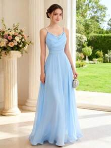 SHEIN Pitira 少女蓝色水晶缎面亮片亮片腰部喇叭形 A 字形摆领派对礼服，优雅正式礼服 - 藍色 - 查看 1